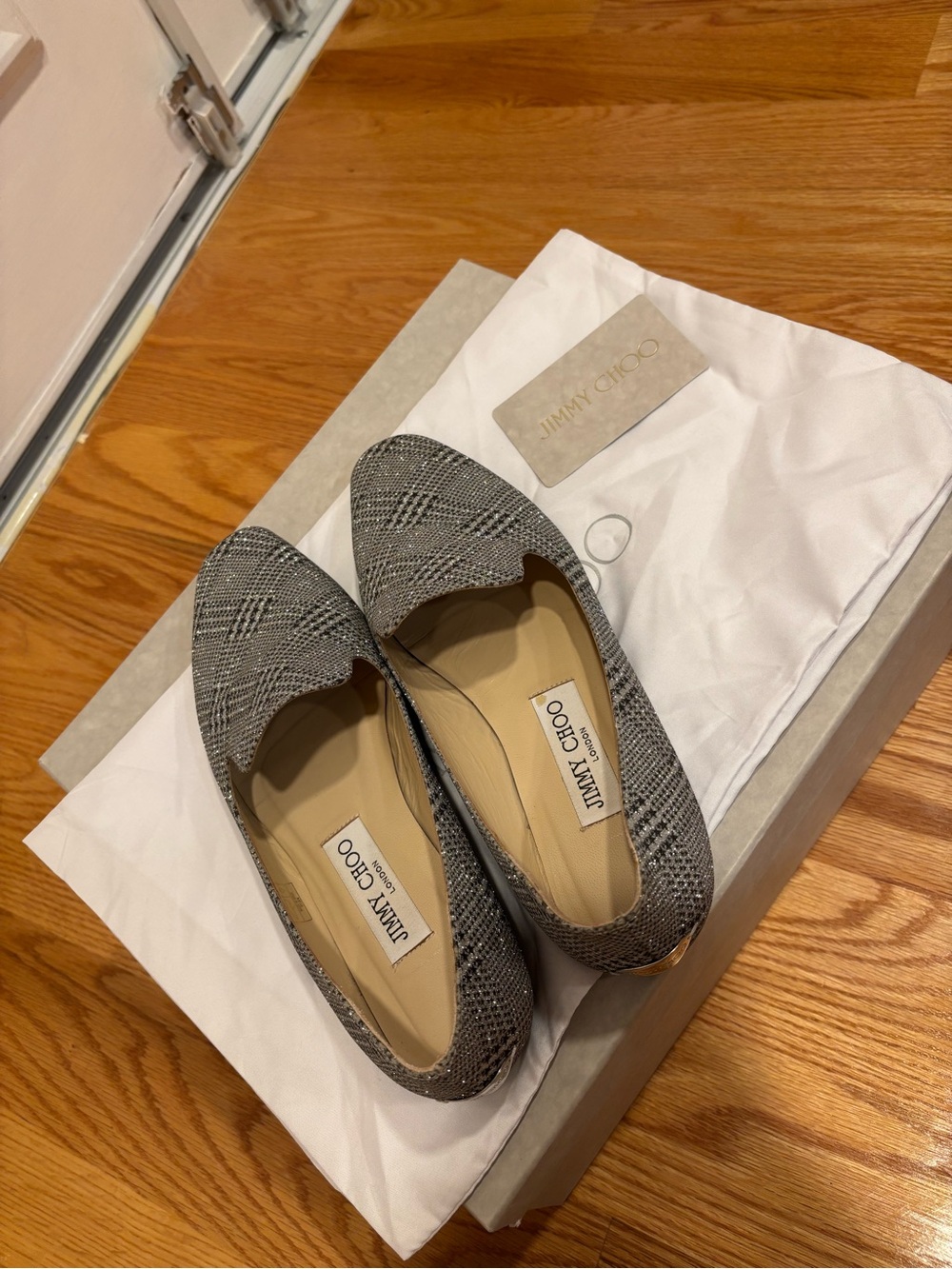 Jimmy Choo Gray Plaid Pointed-Toe Flats